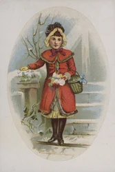 Elegantes Mädchen im roten Mantel mit Korb